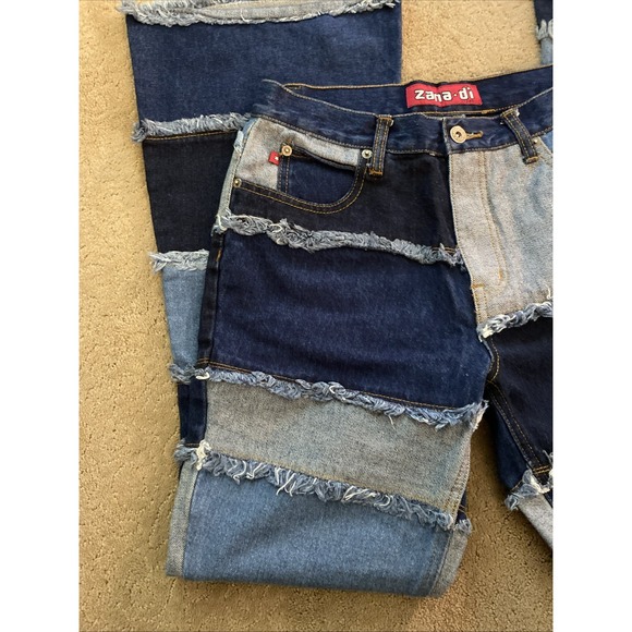 VINTAGE‎ Y2K ZANA*DI PATCHWORK JEANS SIZE 9 FLARE RAW HEM FRAYED EDGE LEG - Picture 3 of 16